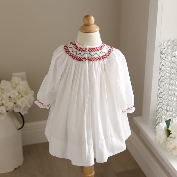 White Smocked Bishop Dress Bailey Boys Red Green Embroidery LIKE NEW PERFECT - Picture 5 of 5
